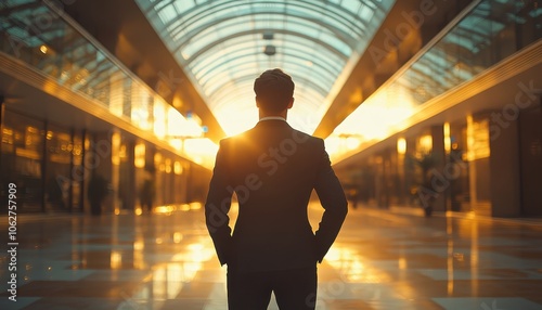 A confident businessman stands in a modern corridor, illuminated by golden sunlight streaming through glass panels, symbolizing opportunity and success in the corporate world.