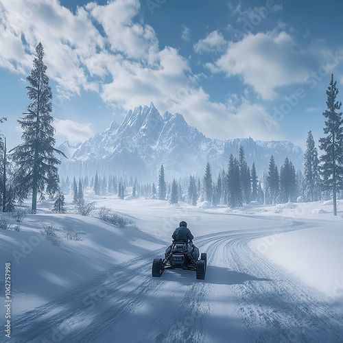 A person on a snowmobile in a snowy landscape with mountains and evergreen trees.

