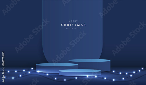 Podium shape for show cosmetic product display for christmas day or new years. Stand product showcase on red background with lighting christmas. vector design.