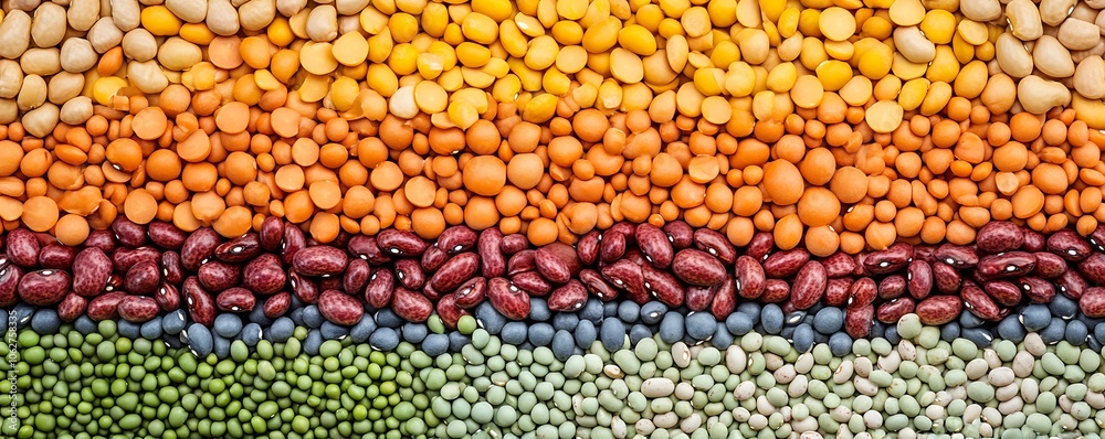 A vibrant display of assorted pulses and beans arranged in a rainbow pattern emphasizing health and nutrition A vibrant display of assorted pulses and beans arranged in a rainbow pattern emphasizing health and nutrition