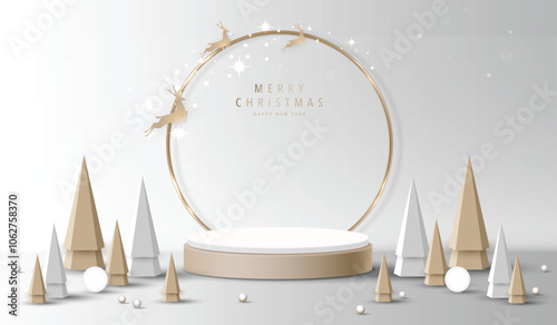 Podium shape for show cosmetic product display for christmas day or new years. Stand product showcase on red background with lighting christmas. vector design.