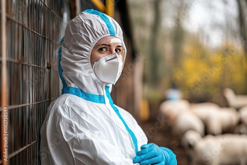 A woman in a hazmat suit looks to the side. This photo illustrates the precautions taken during a pandemic or outbreak. photo