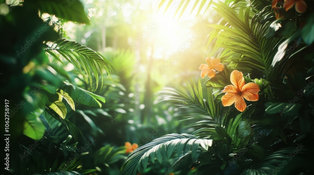 A lush tropical jungle background with dense, vibrant green leaves, exotic flowers. A lush tropical jungle background with dense, vibrant green leaves, exotic flowers.