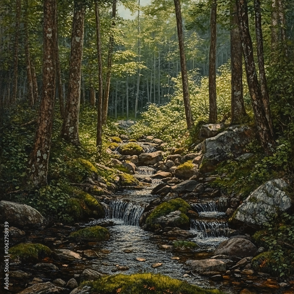 A small stream flows through a lush, green forest with rocks. Trees and foliage line both sides.
A small stream flows through a lush, green forest with rocks. Trees and foliage line both sides.