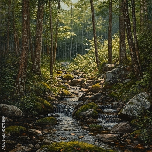 A small stream flows through a lush, green forest with rocks. Trees and foliage line both sides.

