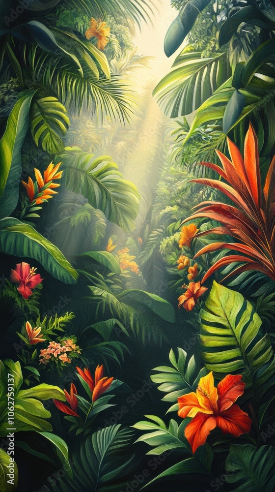 A lush tropical jungle background with dense, vibrant green leaves, exotic flowers. A lush tropical jungle background with dense, vibrant green leaves, exotic flowers.