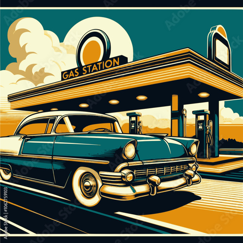 Car gas station in retro style. Classic car with gas station. Multilayer SVG file without gaps between paths.