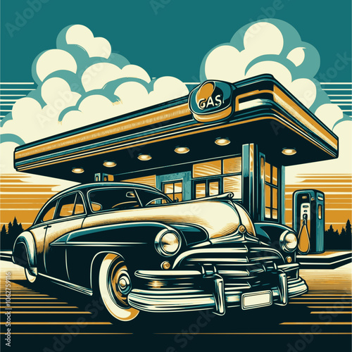 Car gas station in retro style. Classic car with gas station. Multilayer SVG file without gaps between paths.