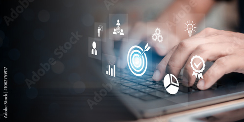 Valokuvatapetti White dartboard and White arrow connection linkage with human icon for customer focus target group and customer relation management concept