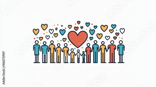 Detailed line icon of community engagement featuring people and a heart.