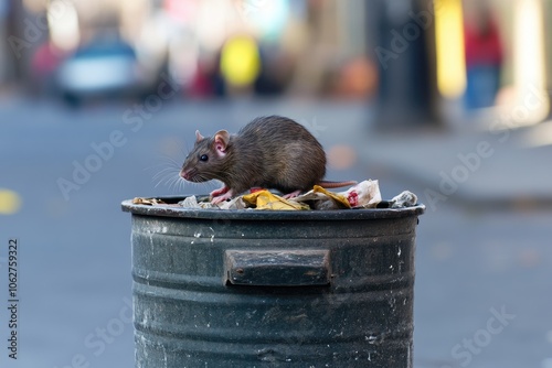 A rat sits on a trash can. This image depicts the dangers of unmanaged waste. photo