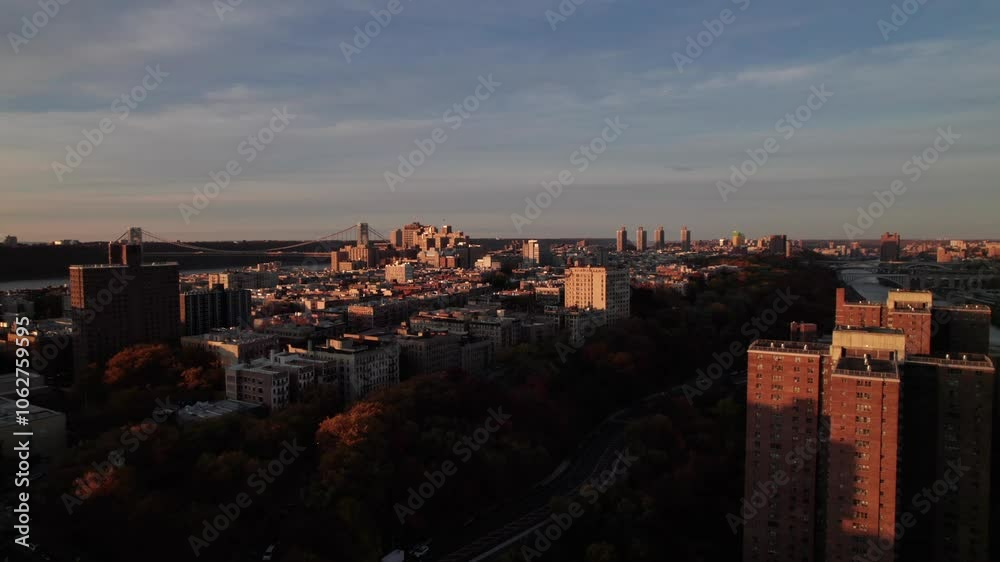 Sunset aerial of New York's Washington Heights, GWB in distance, 4K Sunset aerial of New York's Washington Heights, GWB in distance, 4K