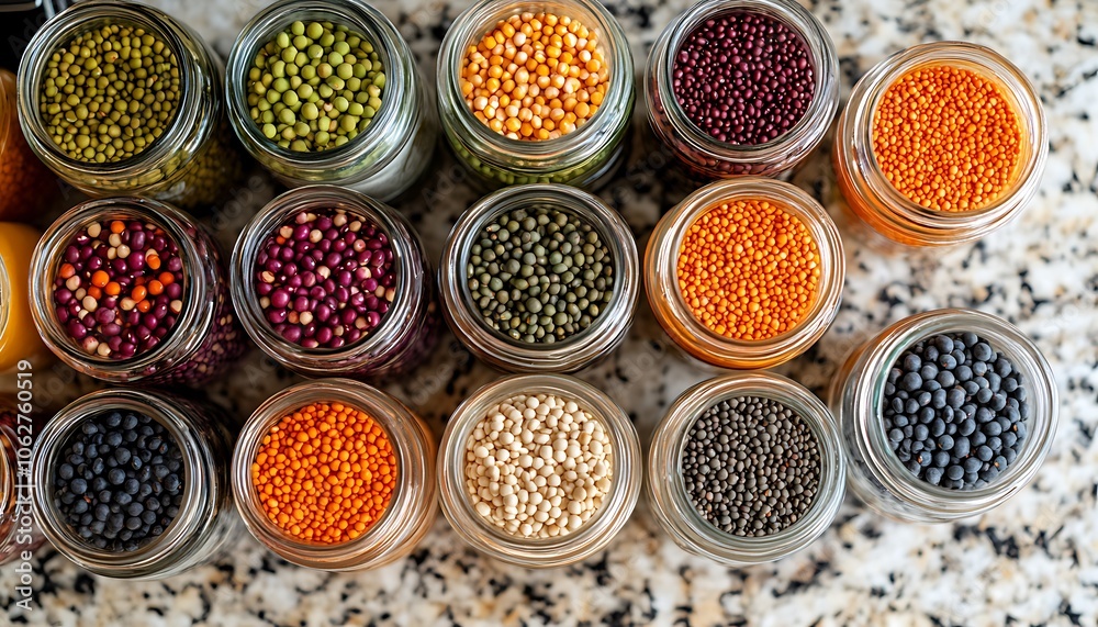 colorful pulses in jars on a kitchen counter conveying a sense of healthy living and meal prep colorful pulses in jars on a kitchen counter conveying a sense of healthy living and meal prep