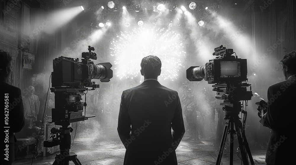 Fototapeta premium A television crew is preparing to broadcast live from an event venue, illuminated by bright lights and surrounded by a focused audience. The atmosphere is energized as the crew sets up their cameras