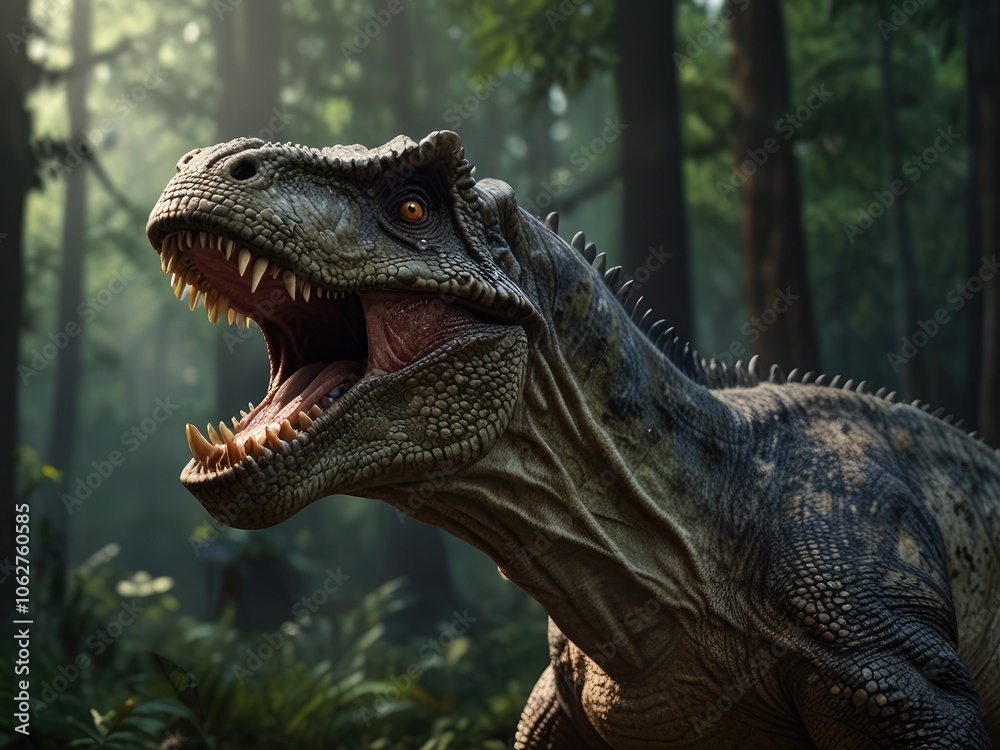Obraz premium close up of a tyrannosaurus rex،tyrannosaurus rex in the forest،tyrannosaurus rex dinosaur 