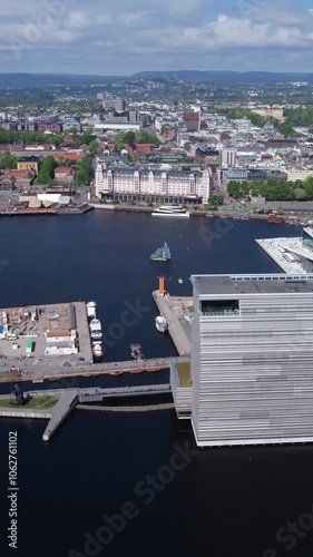 Oslo, Norway. Vertical Aerial View of Fjord, Havnelageret Building and Munch Museum on Sunny Day photo