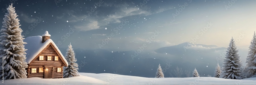 Cozy log cabin surrounded by snow-covered trees at dusk in a tranquil winter landscape Cozy log cabin surrounded by snow-covered trees at dusk in a tranquil winter landscape