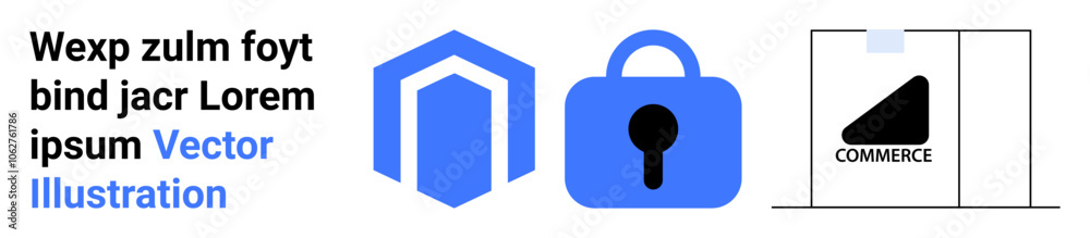 Collection of icons including a blue hexagonal symbol, a blue padlock, and a black commerce tag on a sliding panel. Ideal for cybersecurity, online safety, e-commerce, digital transactions, data Collection of icons including a blue hexagonal symbol, a blue padlock, and a black commerce tag on a sliding panel. Ideal for cybersecurity, online safety, e-commerce, digital transactions, data