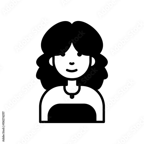 Cartoon illustration of a smiling woman with long hair wearing a black dress in a stylish and modern design