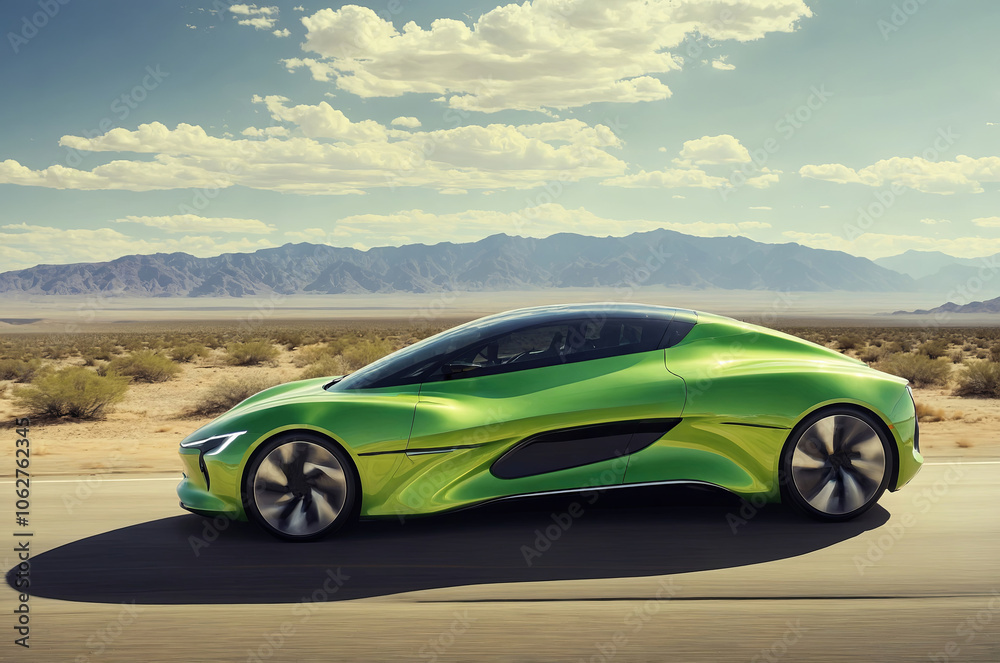 A sleek green sports car drives on a desert road with mountains in the background under a partly cloudy sky during midday A sleek green sports car drives on a desert road with mountains in the background under a partly cloudy sky during midday