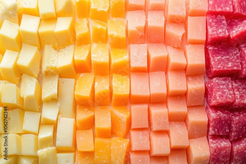 Close-up of Four Different Types of Cheese Cut into Cubes photo