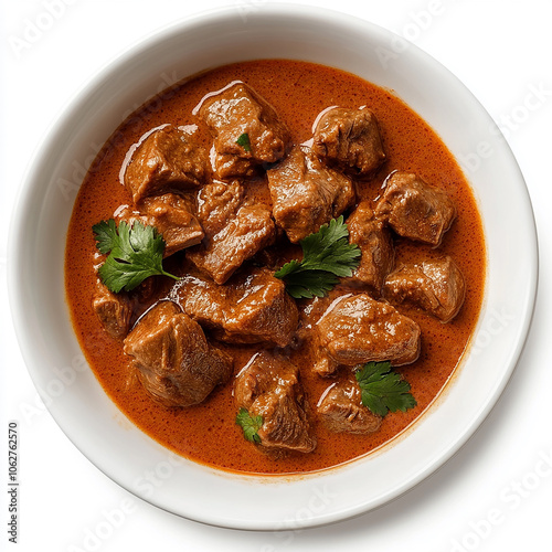 A white bowl holds a curry of browned meat chunks in a thick, light yellow sauce.

