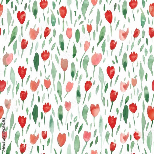 Super cute and doodly watercolor pattern of cute dispersed minimalistic tulips. red and green pastel colors  photo