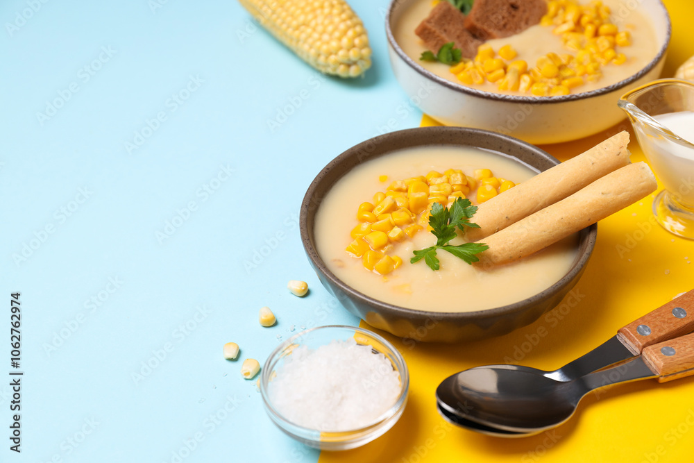 Corn soup in a plate, on a blue background. Corn soup in a plate, on a blue background.