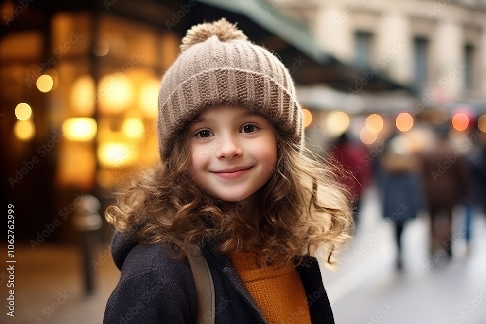 Portrait of a cute little girl with long curly hair in a warm hat Portrait of a cute little girl with long curly hair in a warm hat