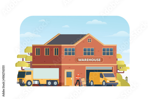 Warehouse building vector illustration, flat style factory storage. truck and van. Warehouse and Logistic Management 