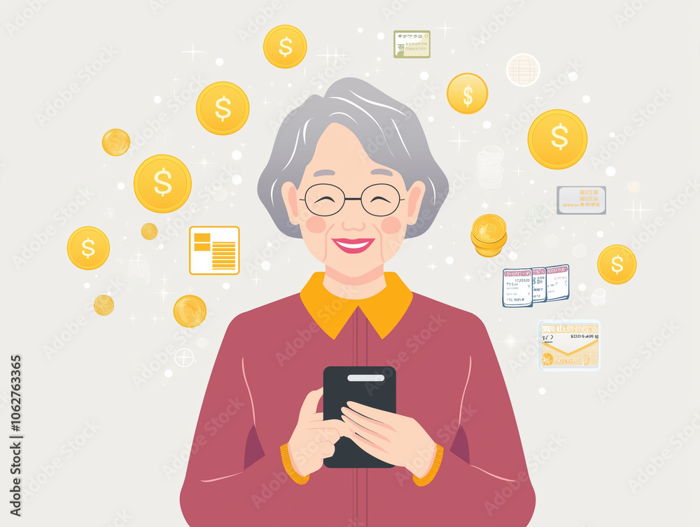 woman holding a mobile phone with icons woman holding a mobile phone with icons