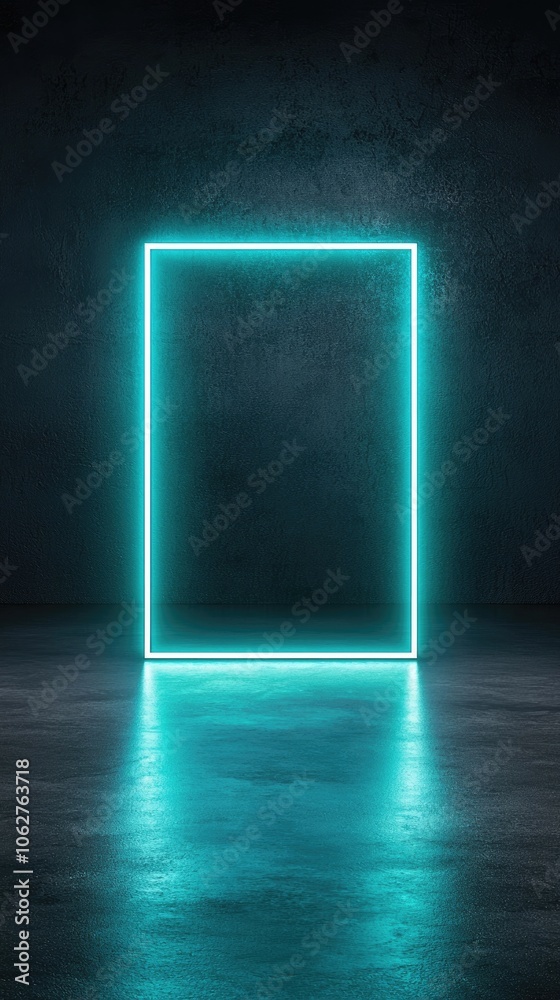 Square neon frame with radiant teal glow, illuminating a minimalist black backdrop for high contrast and impact