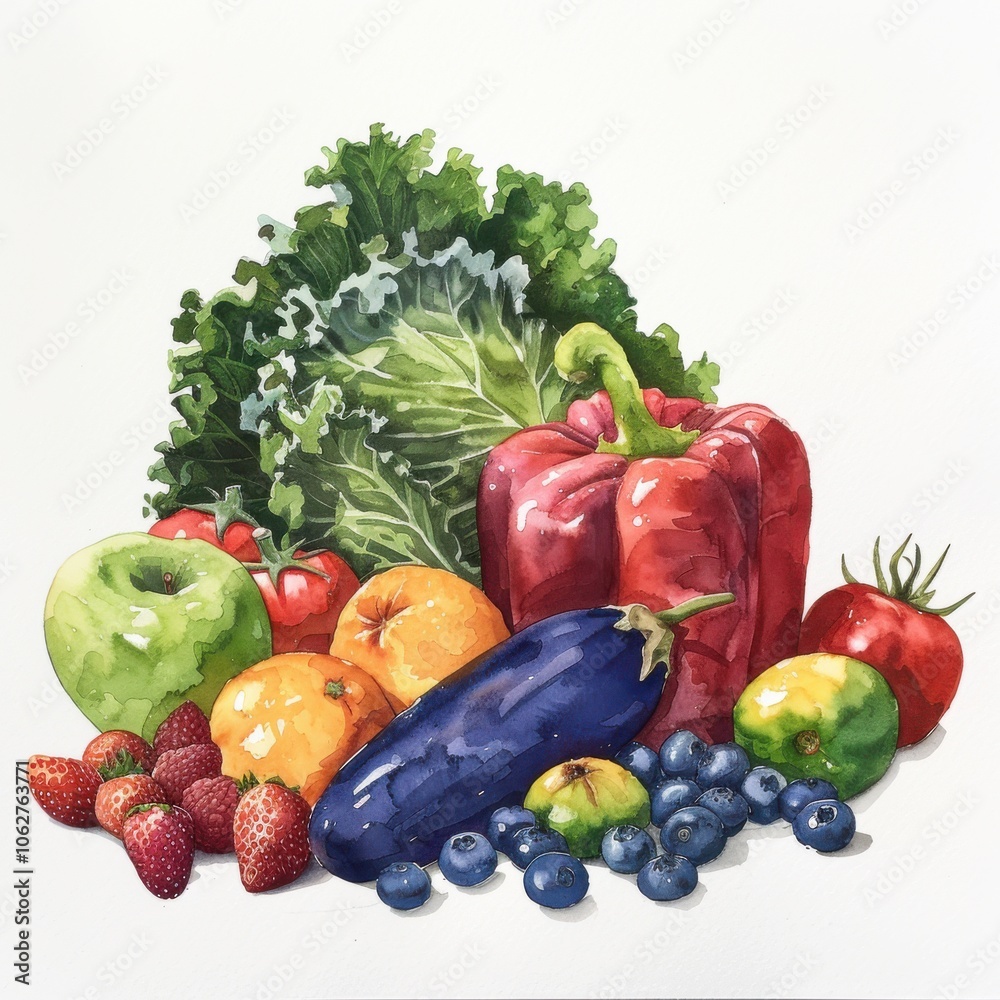 Watercolor painting of fruits and vegetables on a white background 