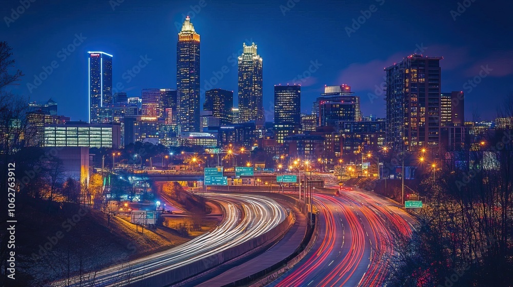 Nighttime View of a City Skyline with Traffic on Highway . Nighttime View of a City Skyline with Traffic on Highway .