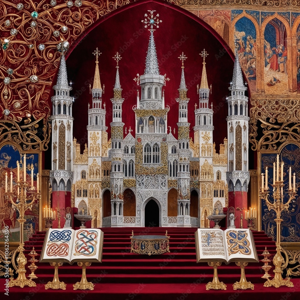 Obraz premium Medieval Majesty”: Create a virtual painting stimulated through the grandeur and opulence of medieval Europe, with complicated details and ornate structure. GENERATIVE AI