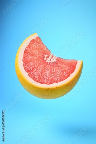 A juicy slice of grapefruit hovers against a bright blue background.