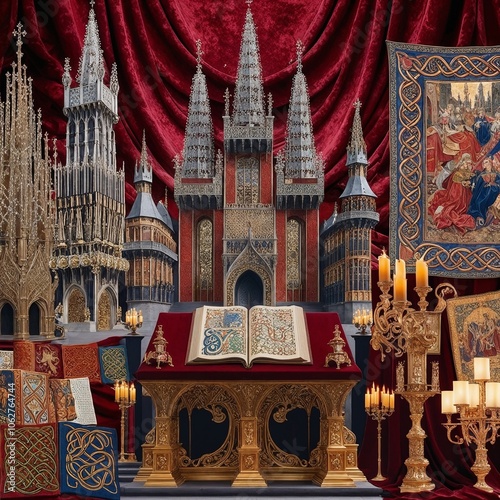 Medieval Majesty”: Create a virtual painting stimulated through the grandeur and opulence of medieval Europe, with complicated details and ornate structure. GENERATIVE AI photo