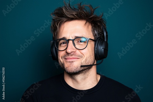 Friendly man with headset against a teal background