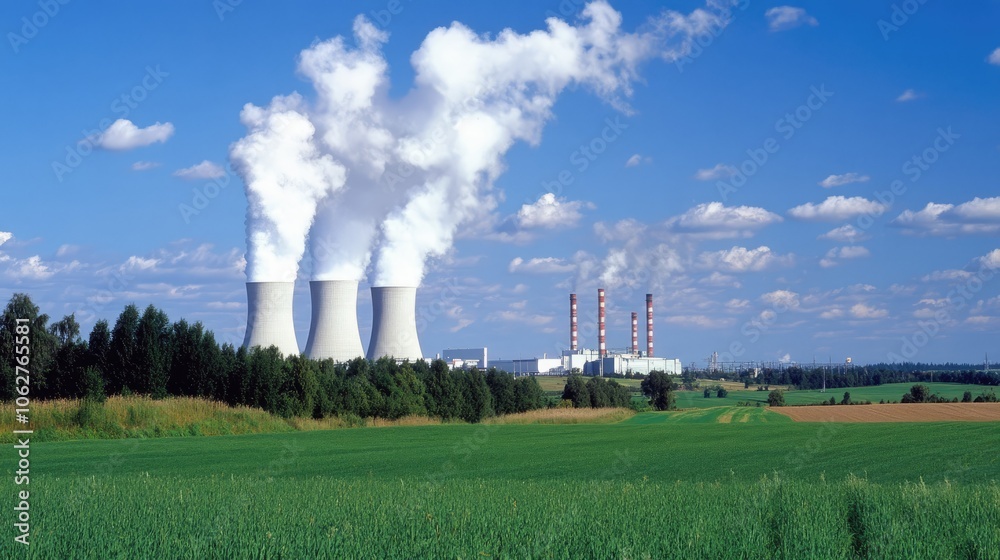 Nuclear Power Plant with Three White Towers Emitting Steam Surrounded by Green Fields and Trees Nuclear Power Plant with Three White Towers Emitting Steam Surrounded by Green Fields and Trees