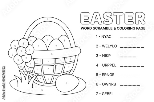 Black and white Word scramble and coloring page with basket of Easter eggs. Vector