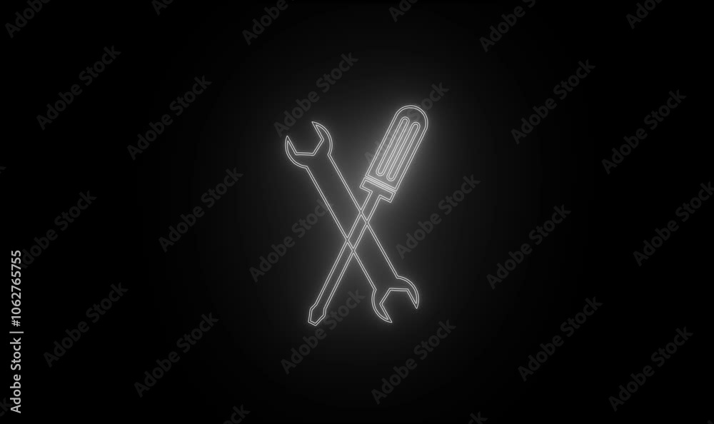Glowing neon Crossed screwdriver and wrench spanner icon isolated on black background. Hardware tools. Glowing neon Crossed screwdriver and wrench spanner icon isolated on black background. Hardware tools.
