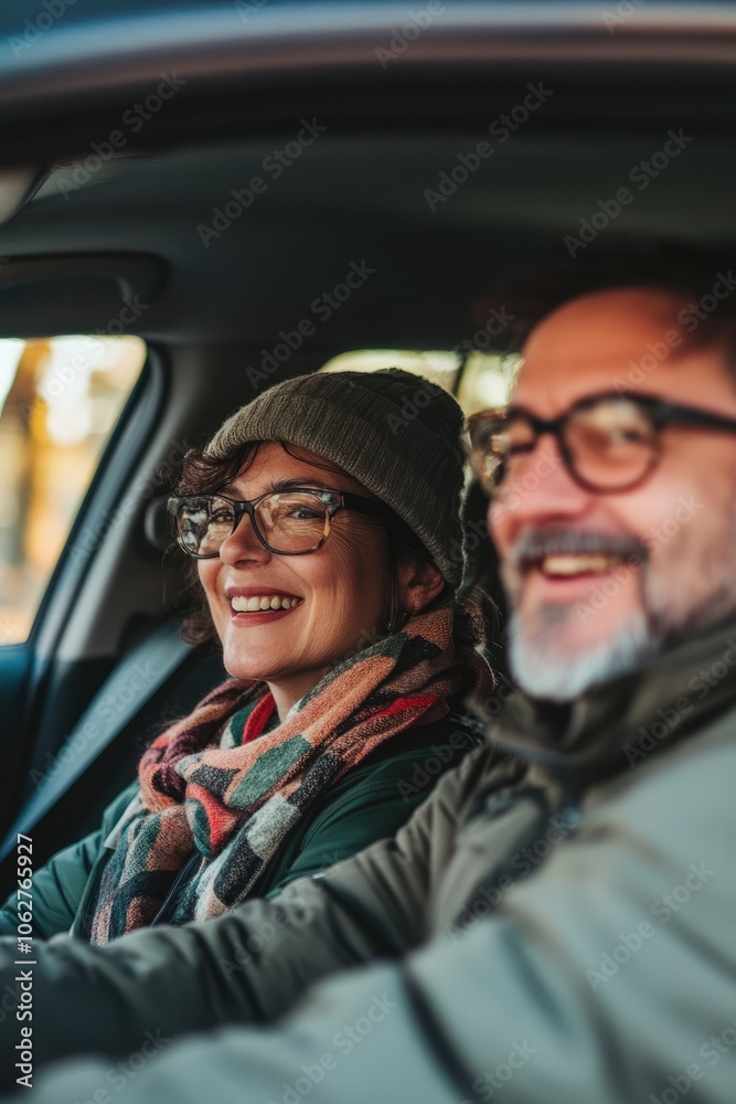 Happy European Couple Excitedly Embarking on Road Trip in Comfortable Car with Cheerful Smiles