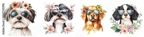 Cute dog characters with sunglasses , .dogs face combined with colorful floral designs
