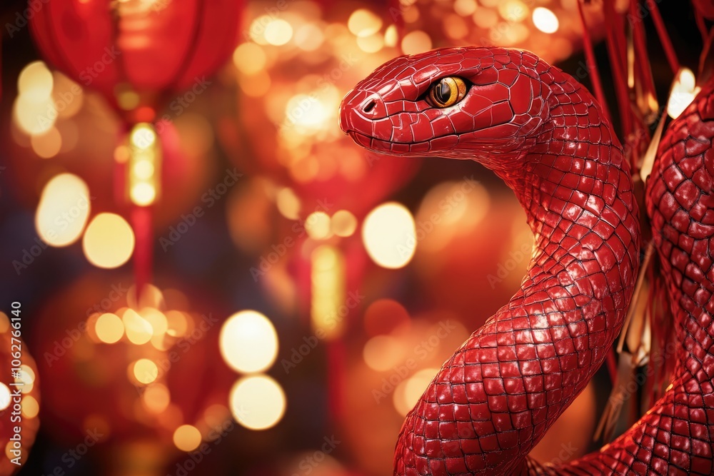 Vibrant Red Chinese New Year Snake with Intricate Patterns Symbolizing Prosperity Against Festive Background Vibrant Red Chinese New Year Snake with Intricate Patterns Symbolizing Prosperity Against Festive Background