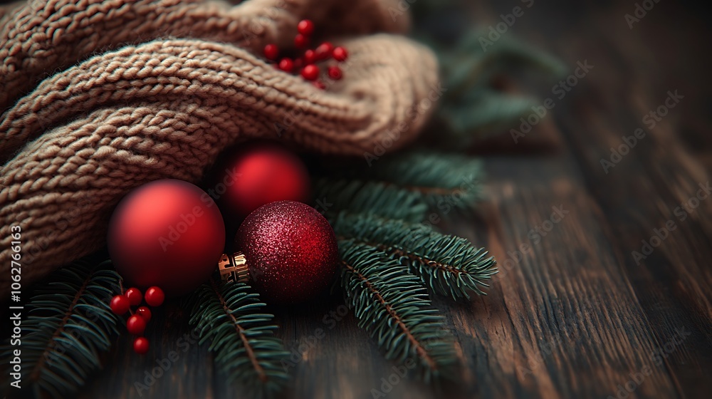 Close-up of a knitted scarf, pine sprigs, and red holiday accents on a dark rustic wood surface, ample copyspace, cozy holiday lighting, hd quality, gentle shadows, inviting warmth. --ar 16:9 Close-up of a knitted scarf, pine sprigs, and red holiday accents on a dark rustic wood surface, ample copyspace, cozy holiday lighting, hd quality, gentle shadows, inviting warmth. --ar 16:9