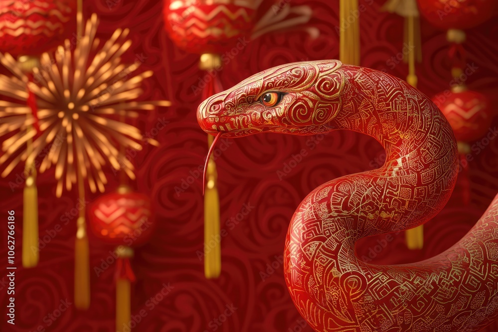 Vibrant Red Chinese New Year Snake with Intricate Patterns Symbolizing Prosperity Against Festive Background Vibrant Red Chinese New Year Snake with Intricate Patterns Symbolizing Prosperity Against Festive Background