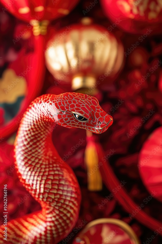 Vibrant Red Chinese New Year Snake with Intricate Patterns Symbolizing Prosperity Against Festive Background Vibrant Red Chinese New Year Snake with Intricate Patterns Symbolizing Prosperity Against Festive Background