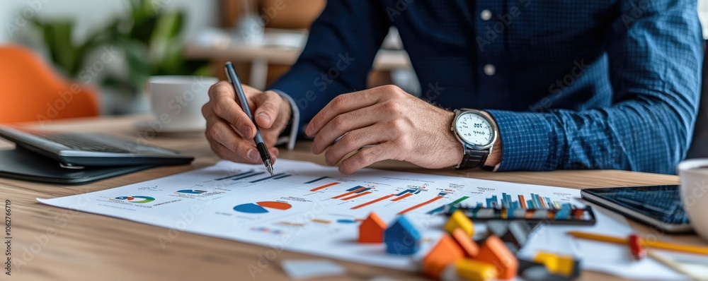 Obraz premium A person is analyzing data and making notes on charts, with colorful charts and various tools on a desk.