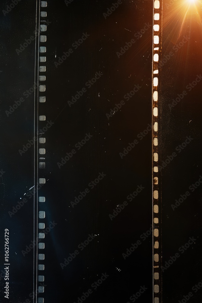 Obraz premium Blank Film Strip Texture Background with Heavy Grain, Scratches, Dust, and Studio Lens Flare