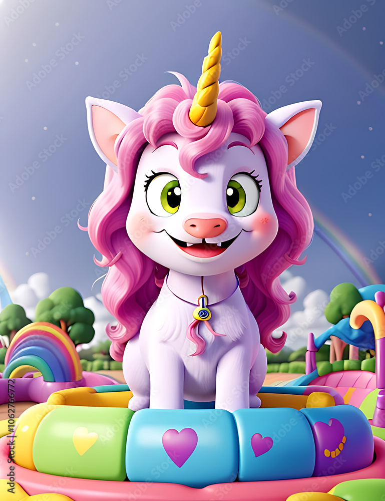 Fototapeta premium Background of Cartoon Unicorns with Funny Expressions Playing on a Rainbow Slide
